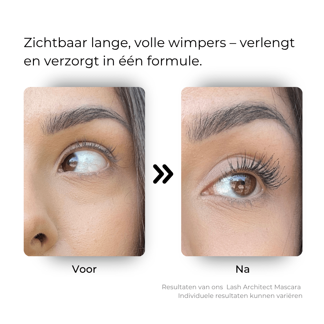 Voor en na resultaten met The Lash Architect Mascara – zichtbaar langere en vollere wimpers