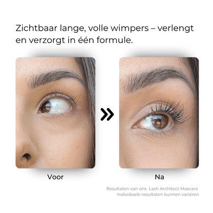 Voor en na resultaten met The Lash Architect Mascara – zichtbaar langere en vollere wimpers